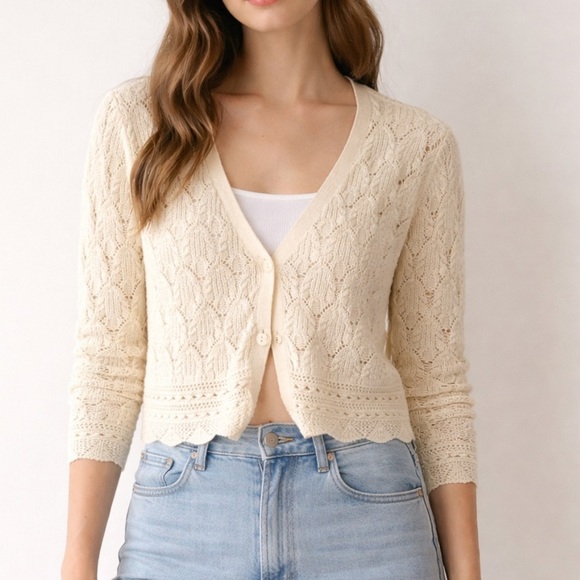 Joe Fresh Sweaters - Joe Fresh Cream Crochet Lace Cardigan | 100% Cotton | M